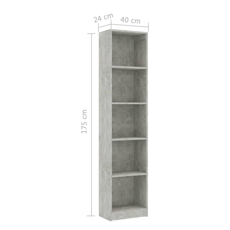 vidaXL 5-szintes betonszürke szerelt fa könyvszekrény 40 x 24 x 175 cm