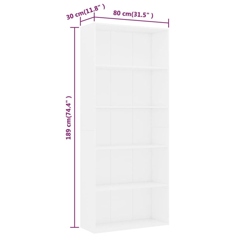 vidaXL 5 szintes fehér szerelt fa könyvszekrény 80 x 30 x 189 cm