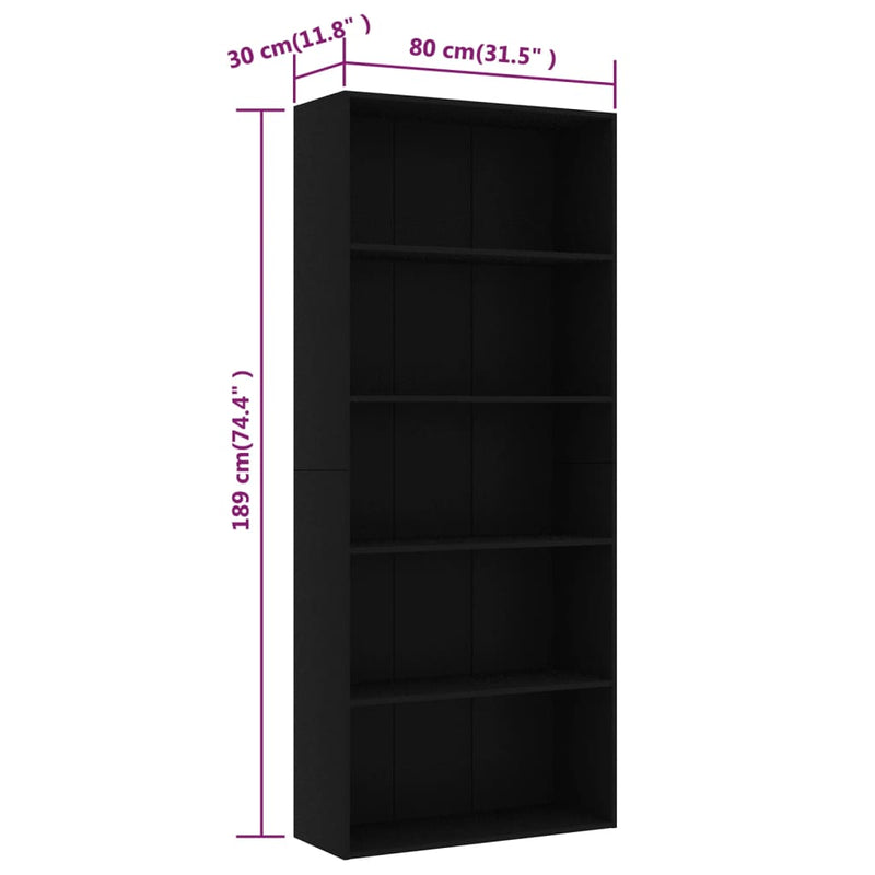 vidaXL 5 szintes fekete szerelt fa könyvszekrény 80 x 30 x 189 cm