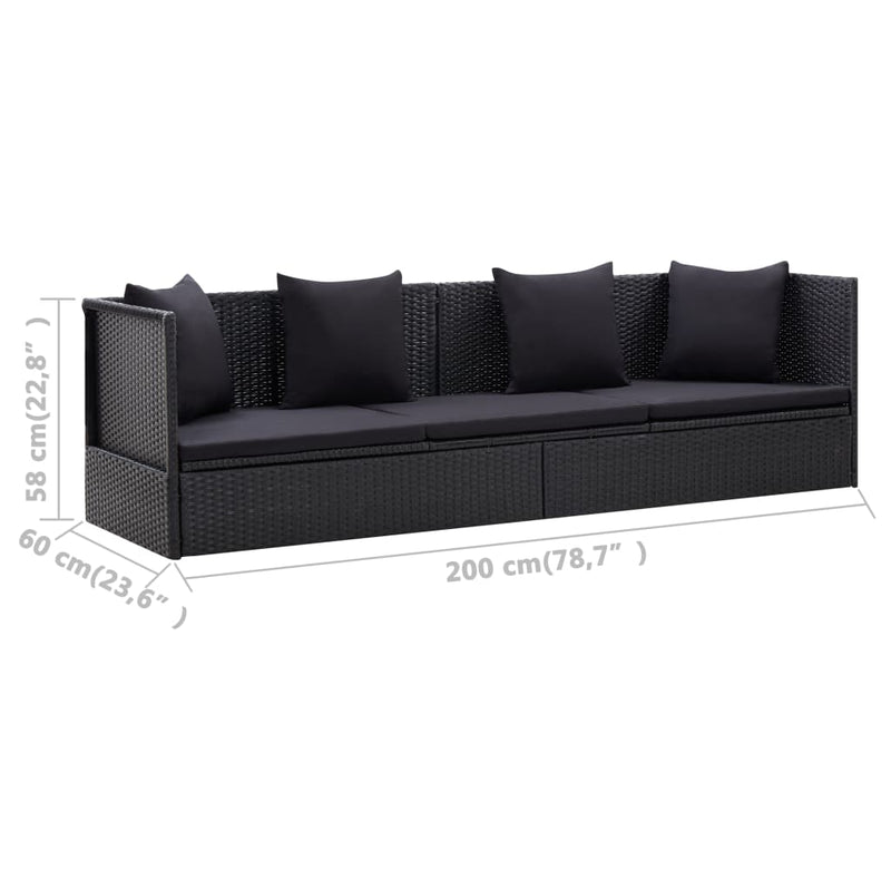 vidaXL fekete polyrattan kerti ágy ülő- és hátpárnával