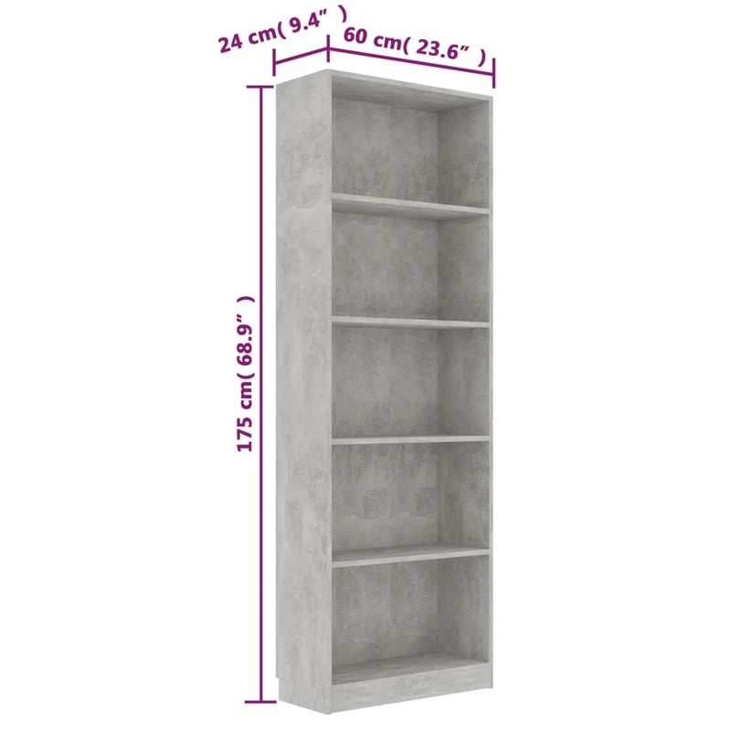 vidaXL 5-szintes betonszürke szerelt fa könyvszekrény 60 x 24 x 175 cm