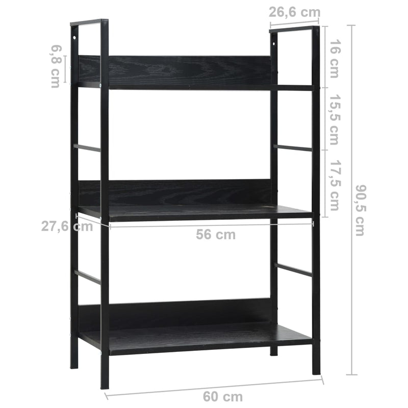 vidaXL 3 szintes fekete szerelt fa könyvespolc 60 x 27,6 x 90,5 cm