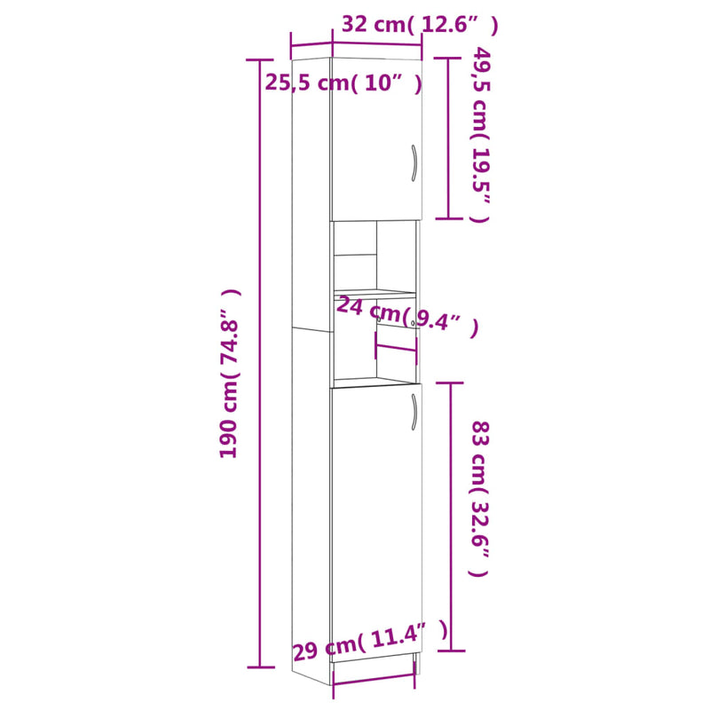 vidaXL fehér szerelt fa fürdőszobaszekrény 32 x 25,5 x 190 cm