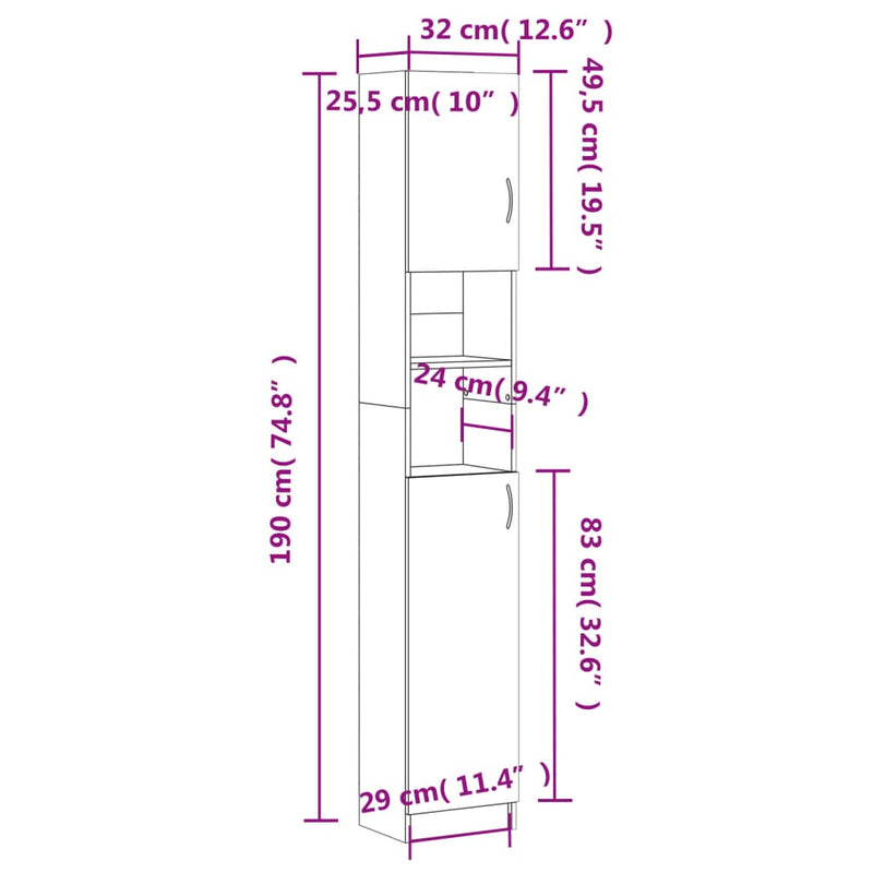 vidaXL fekete szerelt fa fürdőszobaszekrény 32 x 25,5 x 190 cm
