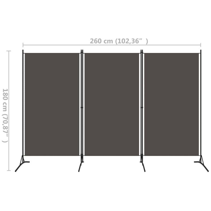 vidaXL antracitszürke 3 paneles paraván 260 x 180 cm