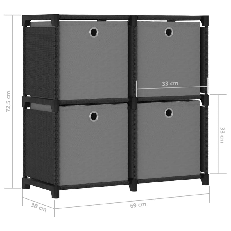 vidaXL 4 rekeszes fekete szövet bemutató polc dobozokkal 69x30x72,5 cm