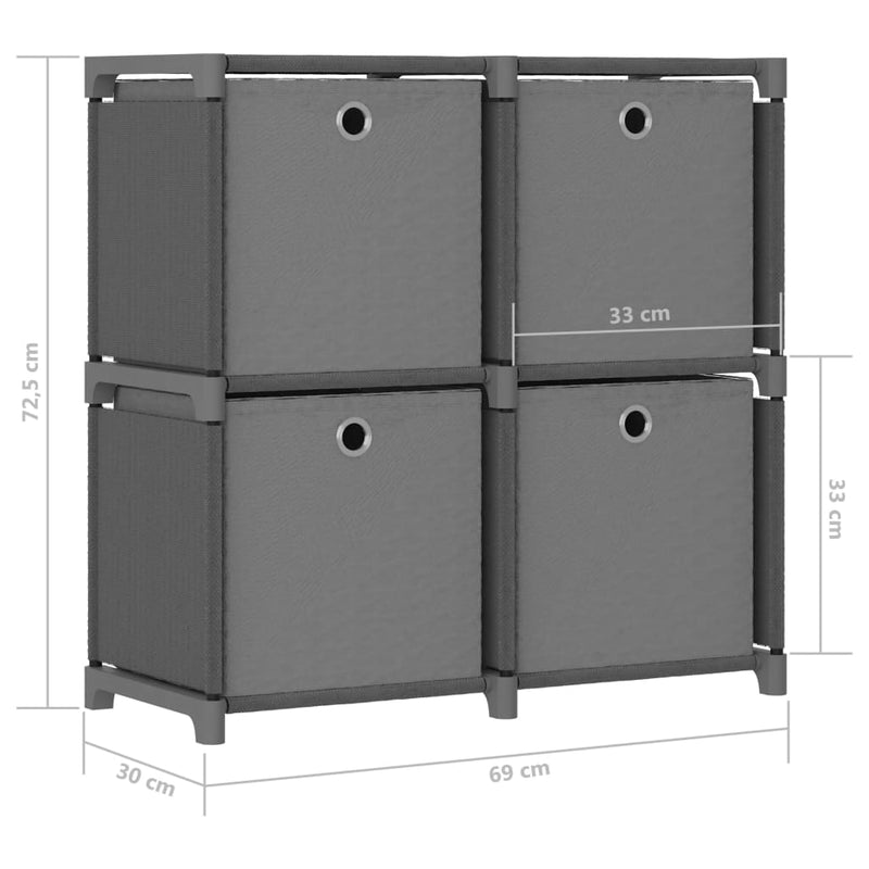 vidaXL 4 rekeszes szürke szövet bemutató polc dobozokkal 69x30x72,5 cm