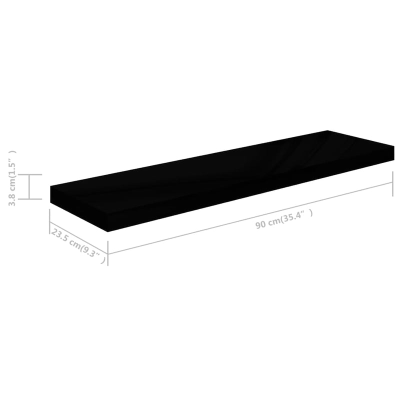 vidaXL 2 db magasfényű fekete MDF lebegő fali polc 90 x 23,5 x 3,8 cm