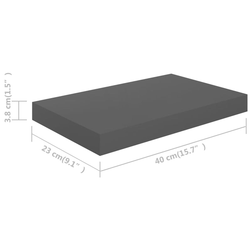 vidaXL 4 db magasfényű szürke MDF lebegő fali polc 40 x 23 x 3,8 cm
