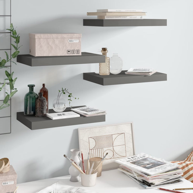 vidaXL 4 db magasfényű szürke MDF lebegő fali polc 40 x 23 x 3,8 cm