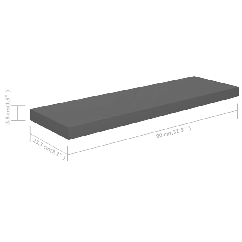 vidaXL 4 db magasfényű szürke MDF lebegő fali polc 80 x 23,5 x 3,8 cm