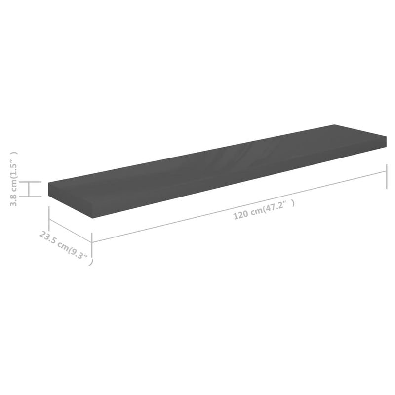 vidaXL 4 db magasfényű szürke MDF lebegő fali polc 120 x 23,5 x 3,8 cm