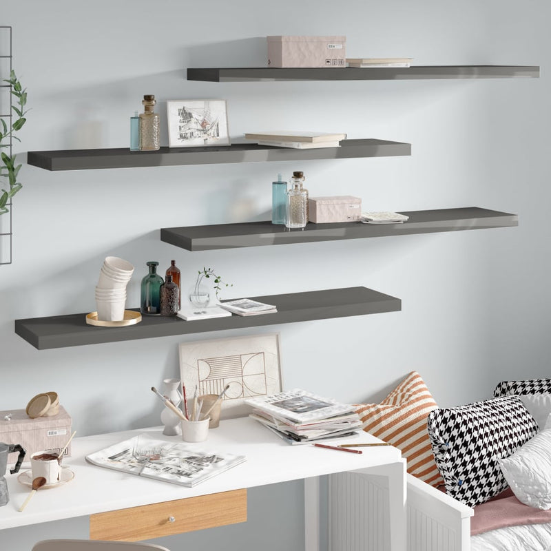 vidaXL 4 db magasfényű szürke MDF lebegő fali polc 120 x 23,5 x 3,8 cm