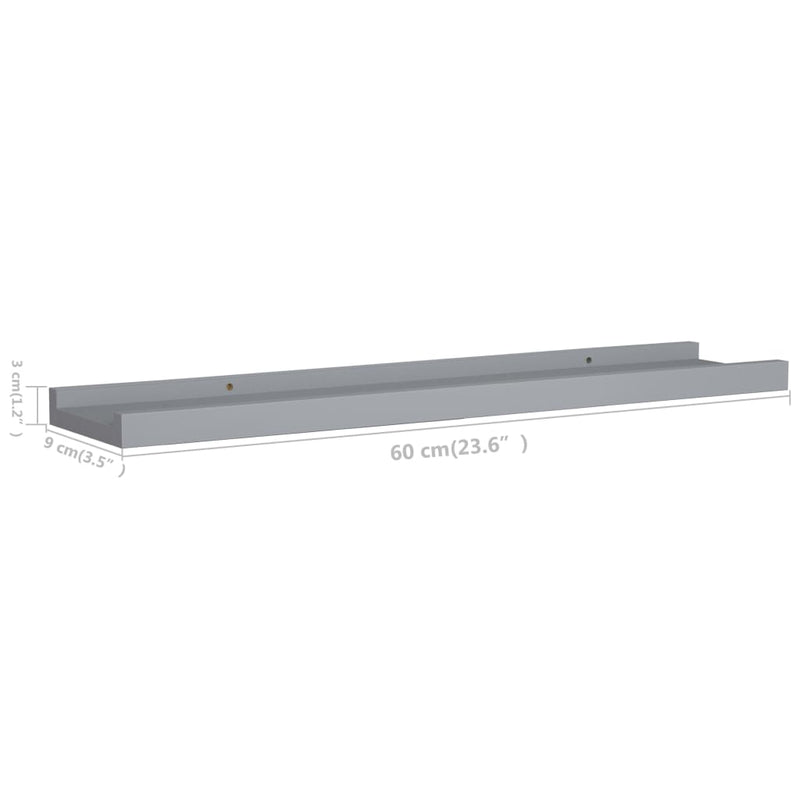 vidaXL 2 db szürke MDF szegélypolc képkeretekhez 60 x 9 x 3 cm