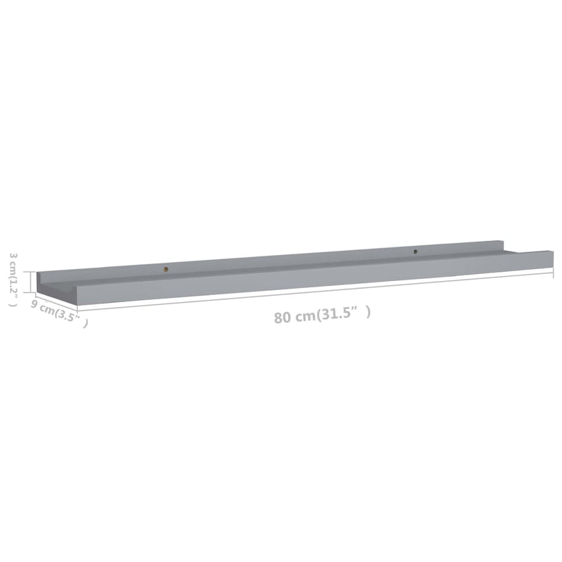vidaXL 2 db szürke MDF szegélypolc képkeretekhez 80 x 9 x 3 cm