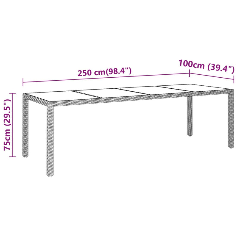 vidaXL szürke edzett üveg és polyrattan kerti asztal 250 x 100 x 75 cm