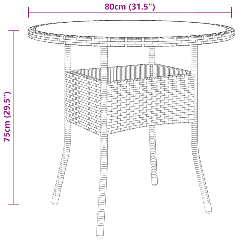 vidaXL fekete polyrattan és edzett üveg kerti asztal Ø 80 x 75 cm