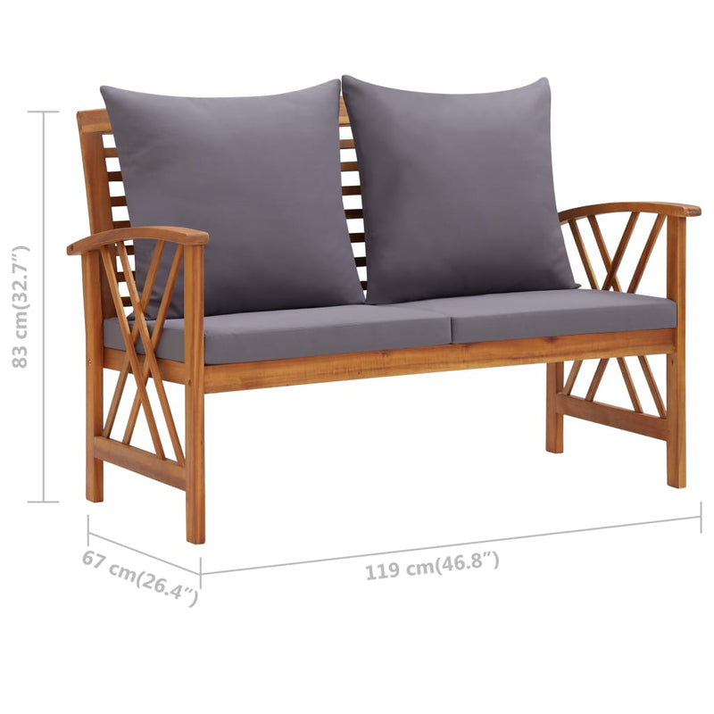 vidaXL tömör akácfa kerti pad párnákkal 119 cm
