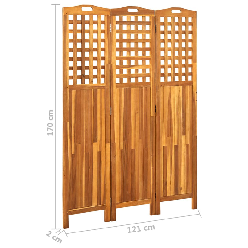 vidaXL 3 paneles tömör akácfa szobaelválasztó 121 x 2 x 170 cm