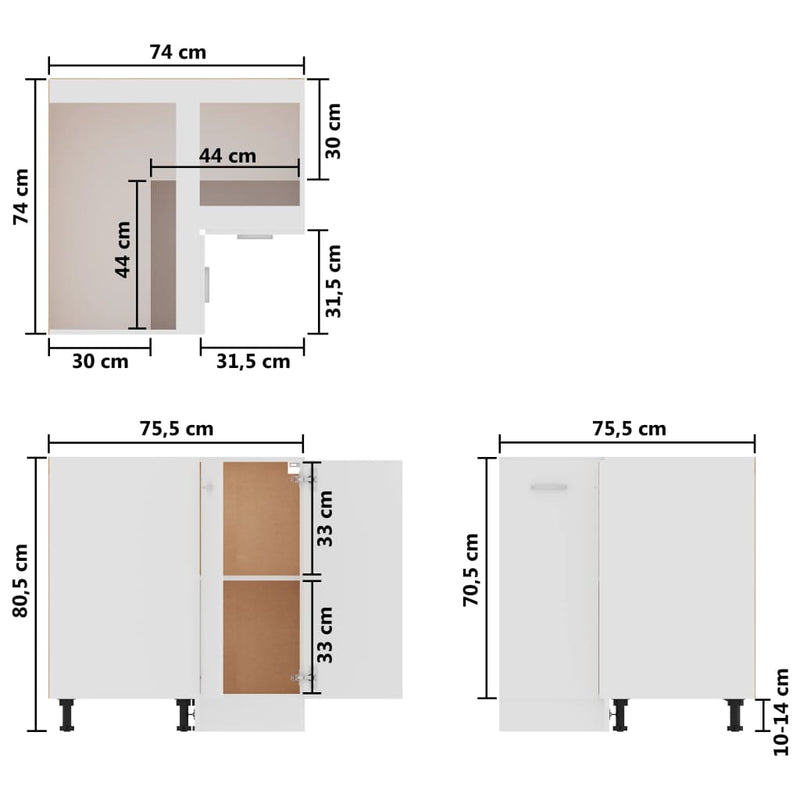 vidaXL fehér szerelt fa alsó sarokszekrény 75,5 x 75,5 x 81,5 cm
