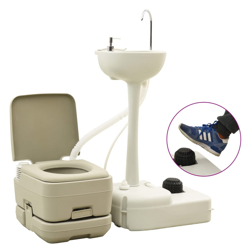 vidaXL szürke hordozható kemping-WC 10+10 L és kézmosóállvány 20 L
