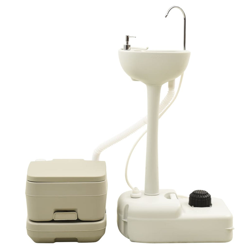 vidaXL szürke hordozható kemping-WC 10+10 L és kézmosóállvány 20 L