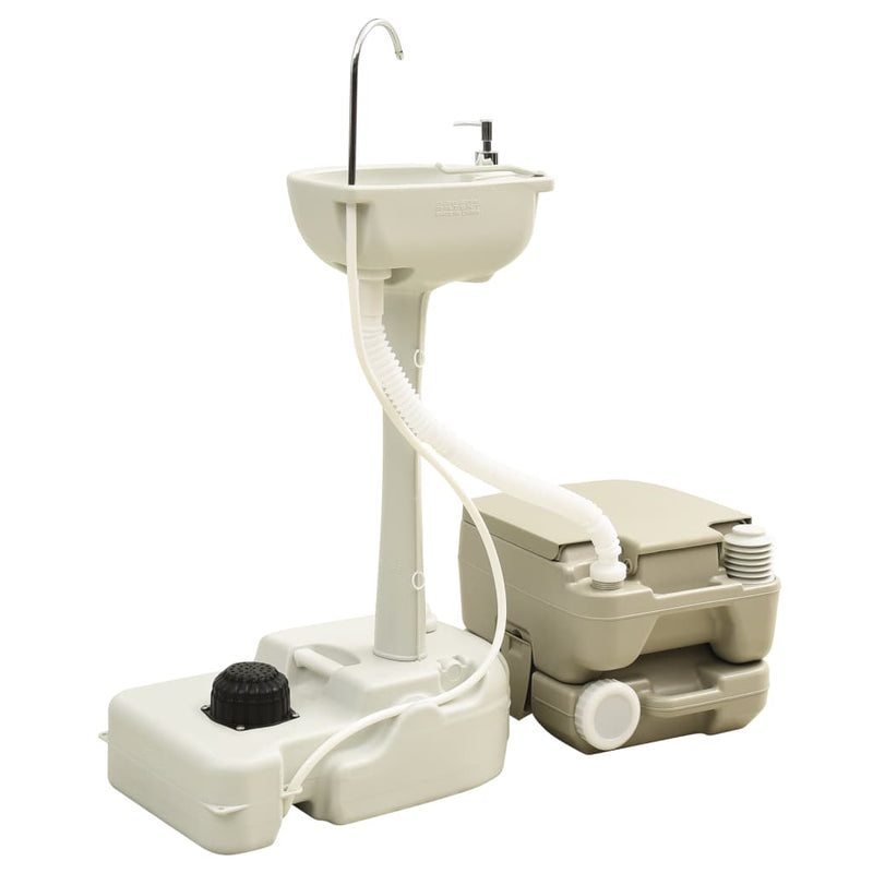 vidaXL szürke hordozható kemping-WC 10+10 L és kézmosóállvány 20 L