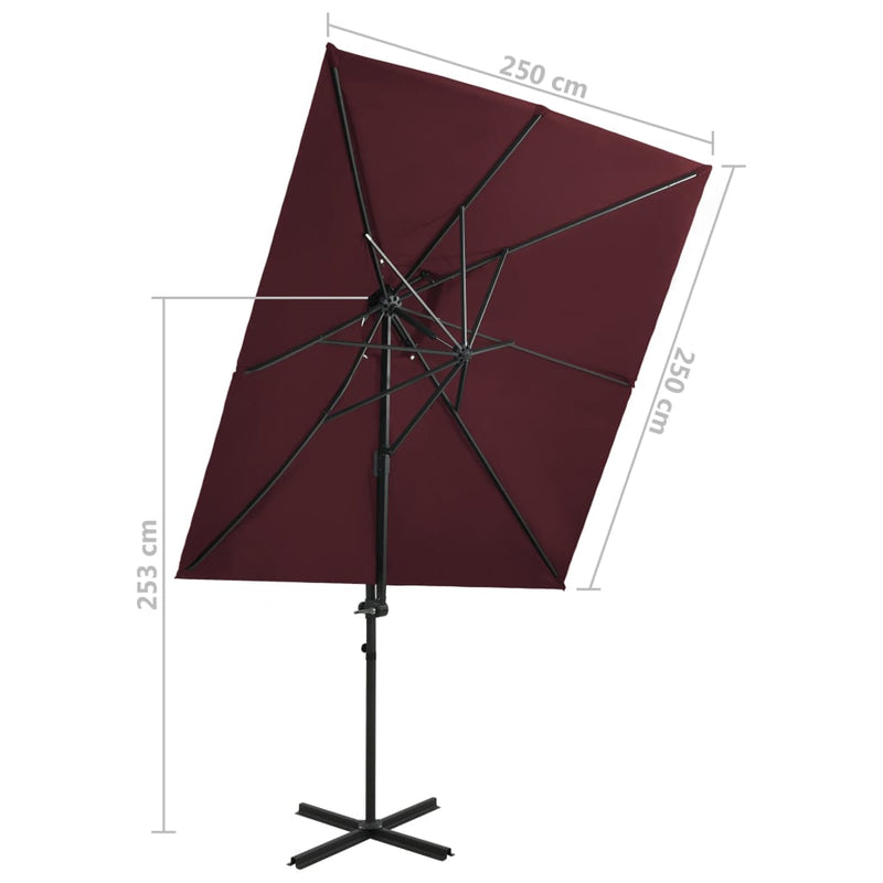 vidaXL bordó dupla tetejű konzolos napernyő 250 x 250 cm