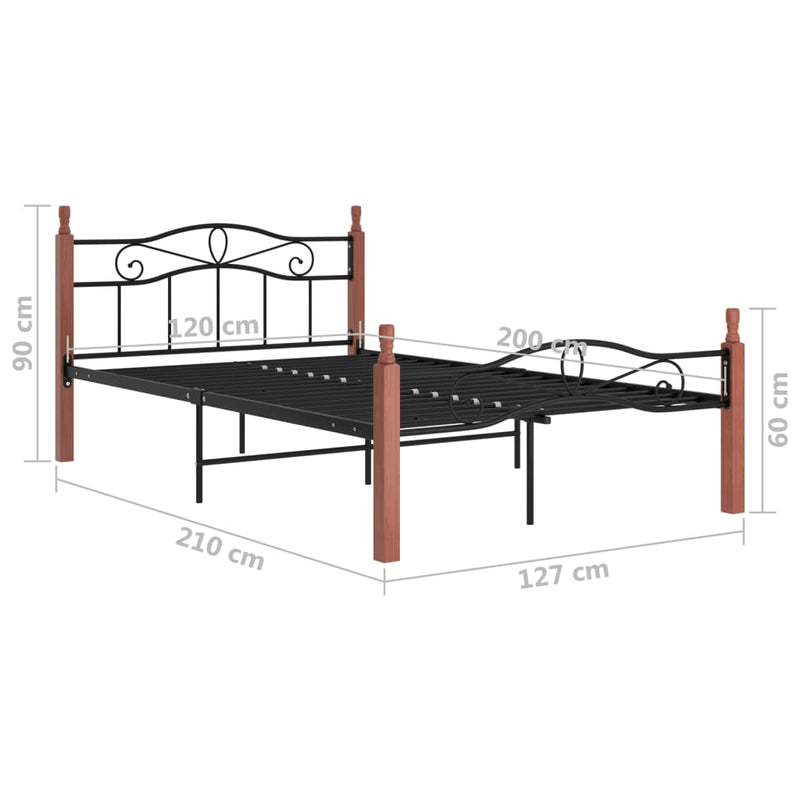 vidaXL fekete fém és tömör tölgyfa ágykeret 120 x 200 cm