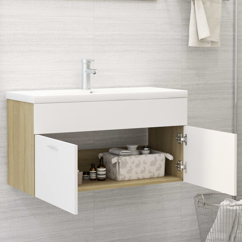 vidaXL fehér és sonoma-tölgy forgácslap mosdószekrény 90x38,5x46 cm