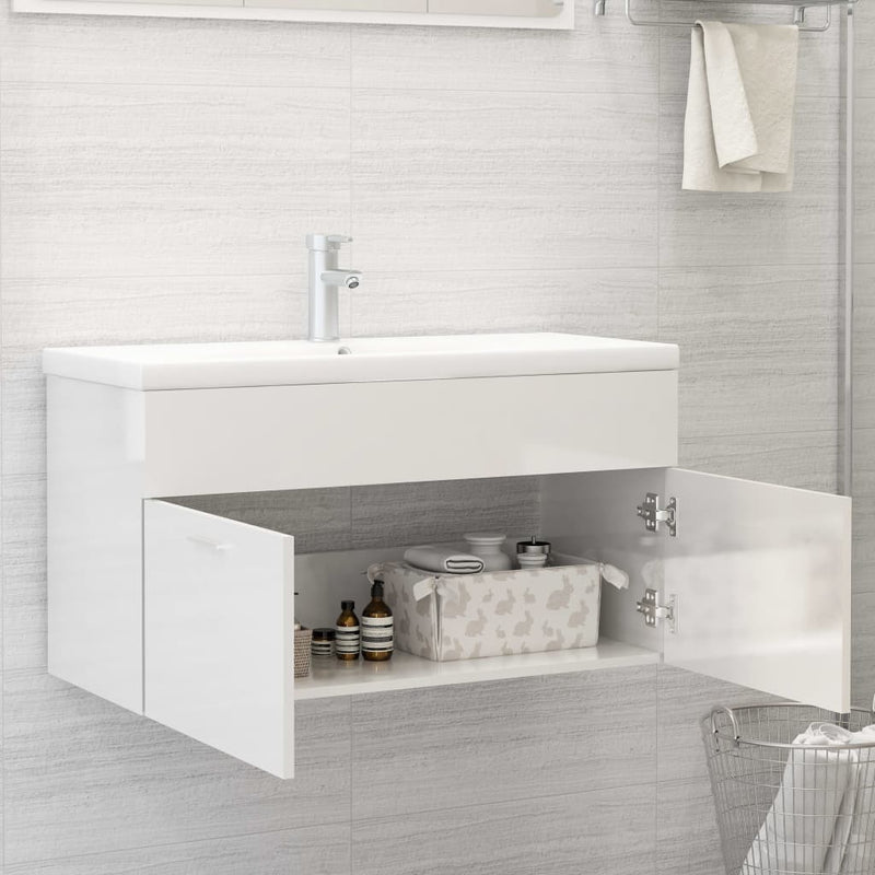 vidaXL magasfényű fehér forgácslap mosdószekrény 90 x 38,5 x 46 cm