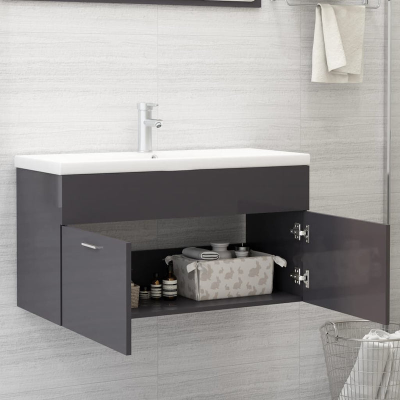 vidaXL magasfényű szürke szerelt fa mosdószekrény 90 x 38,5 x 46 cm