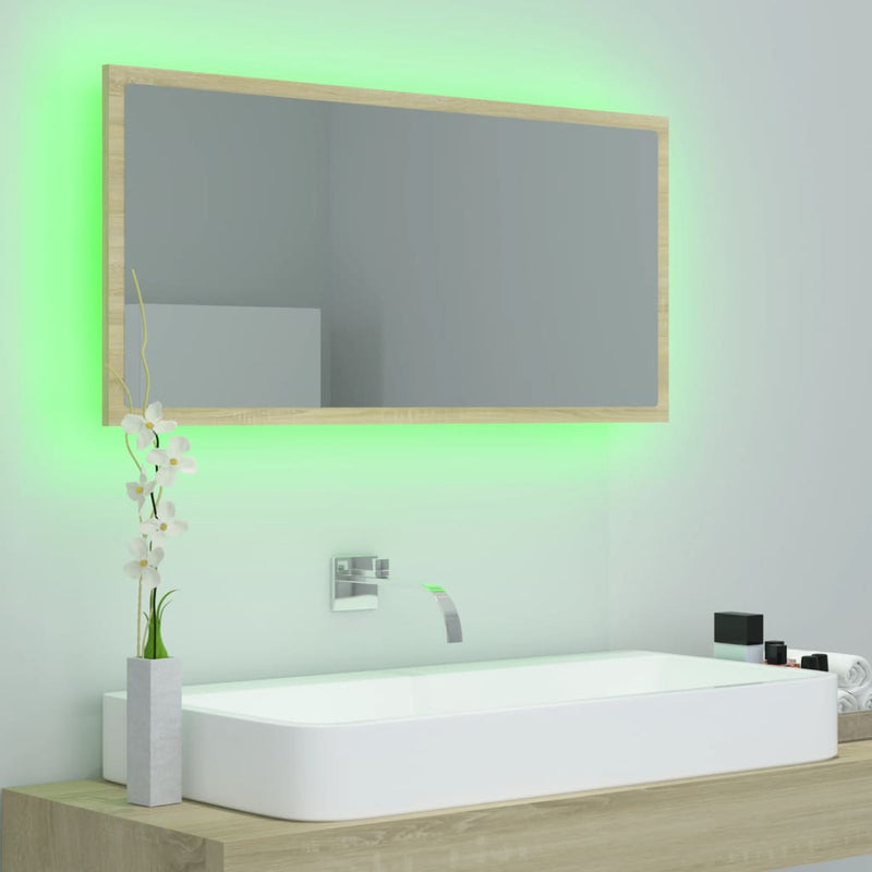 vidaXL sonoma tölgy akril LED-es fürdőszobai tükör 90x8,5x37 cm