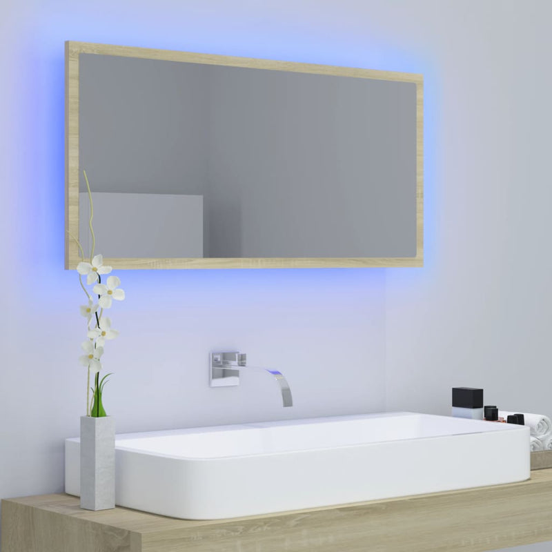 vidaXL sonoma tölgy akril LED-es fürdőszobai tükör 90x8,5x37 cm