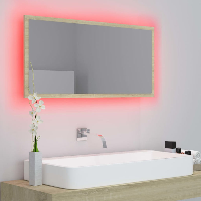 vidaXL sonoma tölgy akril LED-es fürdőszobai tükör 90x8,5x37 cm