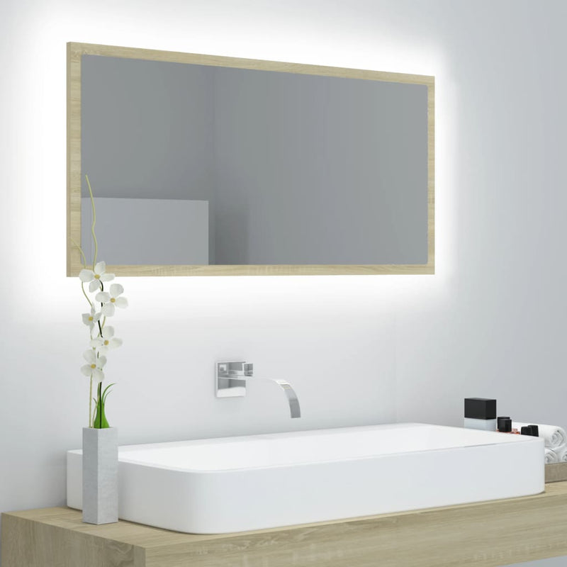 vidaXL sonoma tölgy akril LED-es fürdőszobai tükör 90x8,5x37 cm