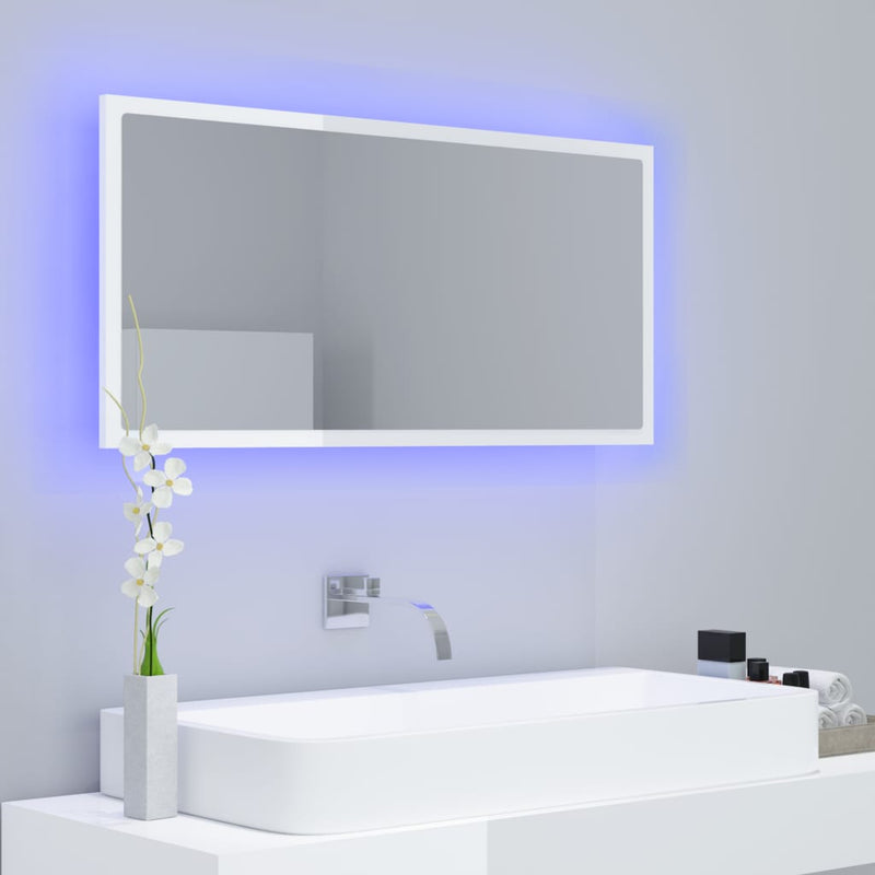 vidaXL magasfényű fehér akril LED-es fürdőszobatükör 90x8,5x37 cm