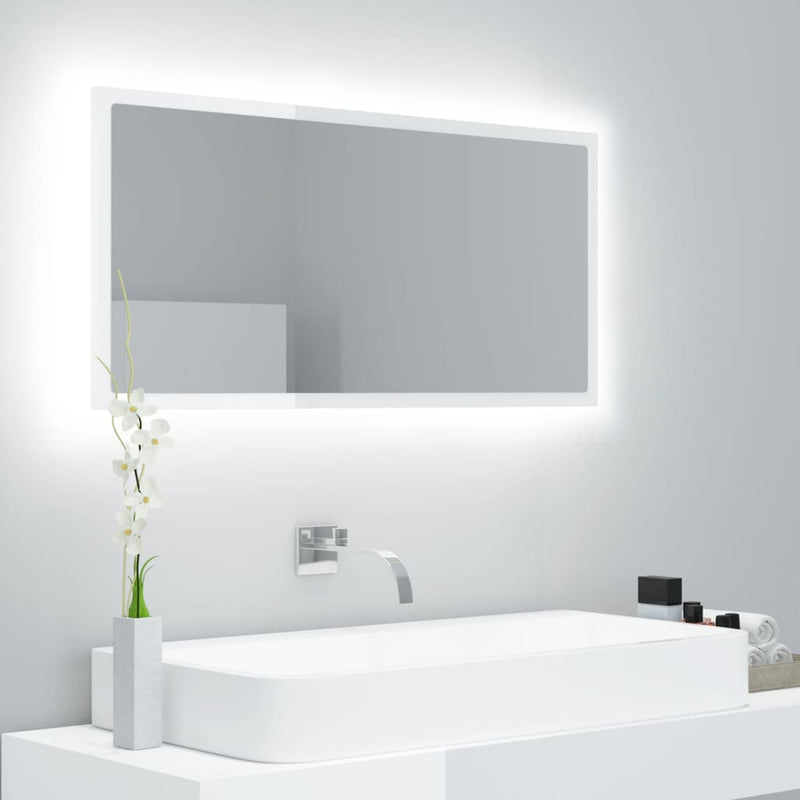 vidaXL magasfényű fehér akril LED-es fürdőszobatükör 90x8,5x37 cm