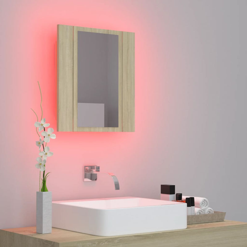 vidaXL tölgyszínű akril LED-es tükrös fürdőszobaszekrény 40x12x45 cm