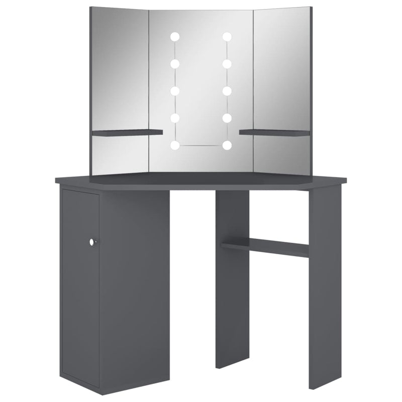 vidaXL szürke sarok fésülködőasztal LED világítással 111x54x141,5 cm