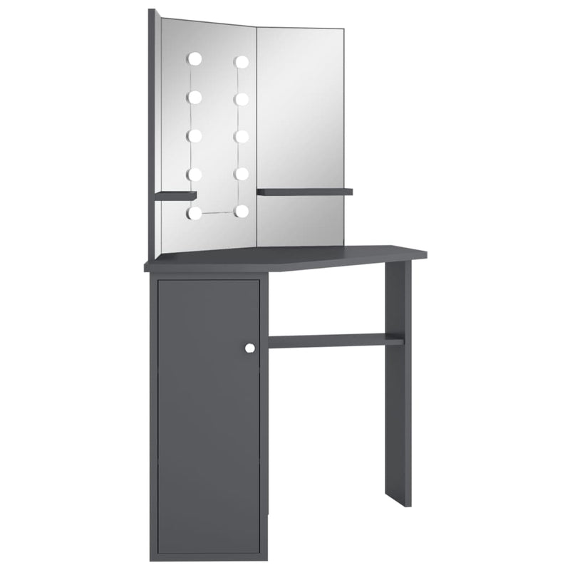 vidaXL szürke sarok fésülködőasztal LED világítással 111x54x141,5 cm