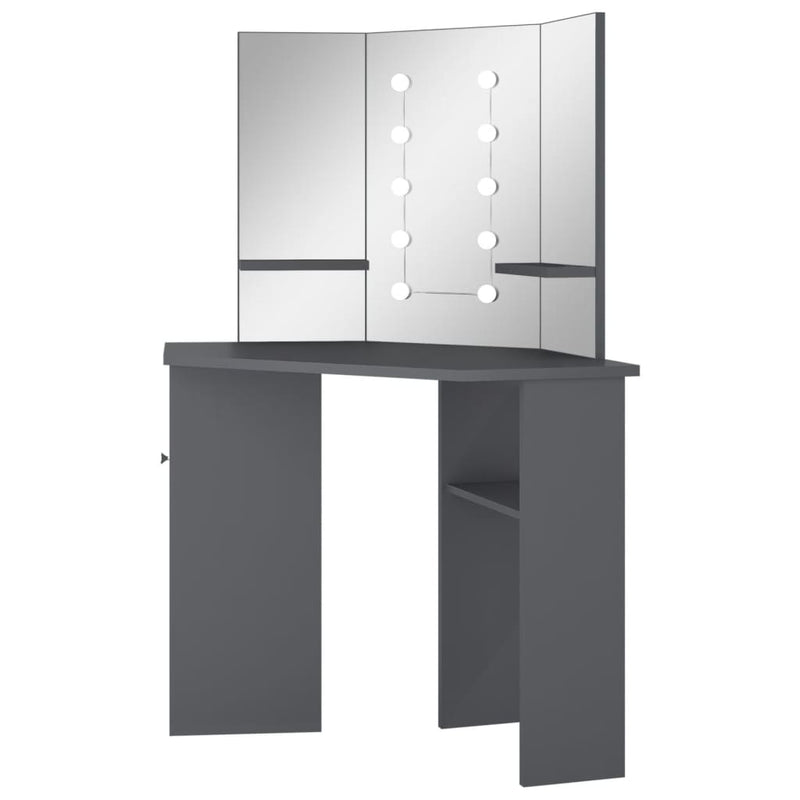 vidaXL szürke sarok fésülködőasztal LED világítással 111x54x141,5 cm