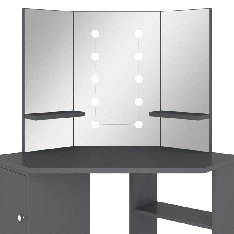 vidaXL szürke sarok fésülködőasztal LED világítással 111x54x141,5 cm
