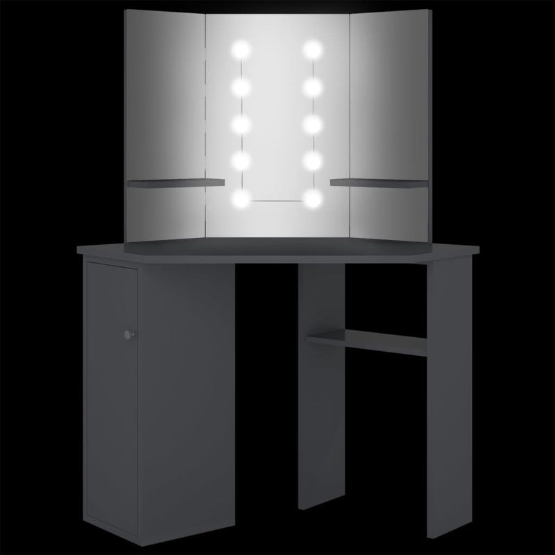 vidaXL szürke sarok fésülködőasztal LED világítással 111x54x141,5 cm