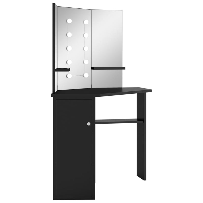 vidaXL fekete sarok fésülködőasztal LED világítással 111x54x141,5 cm