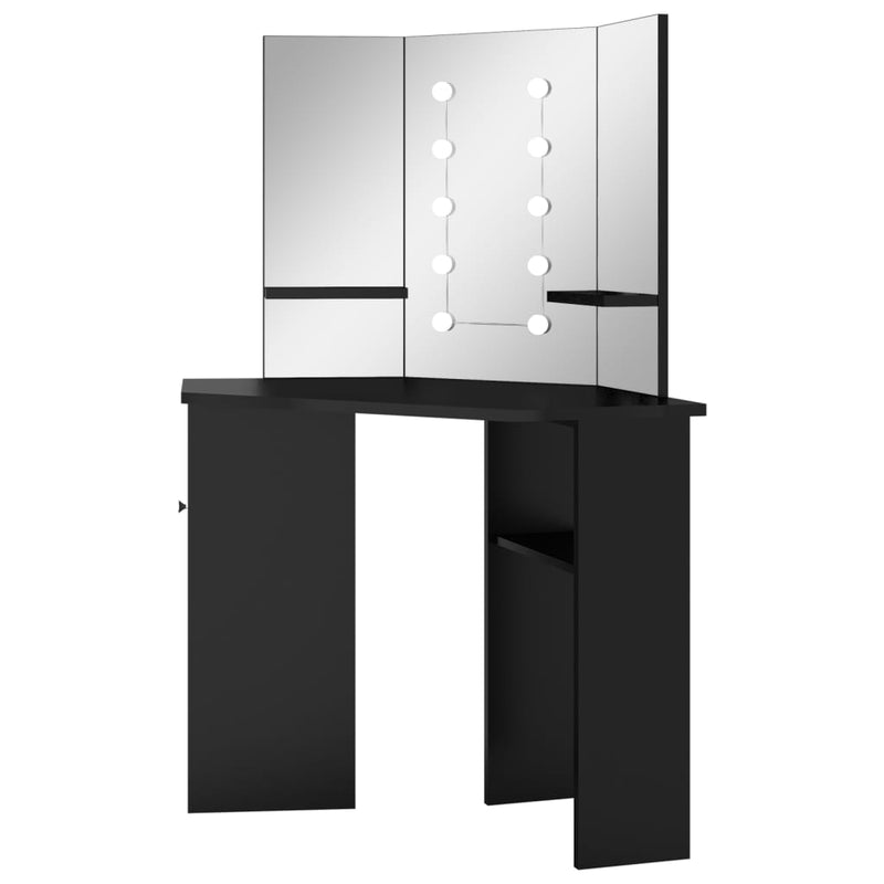 vidaXL fekete sarok fésülködőasztal LED világítással 111x54x141,5 cm