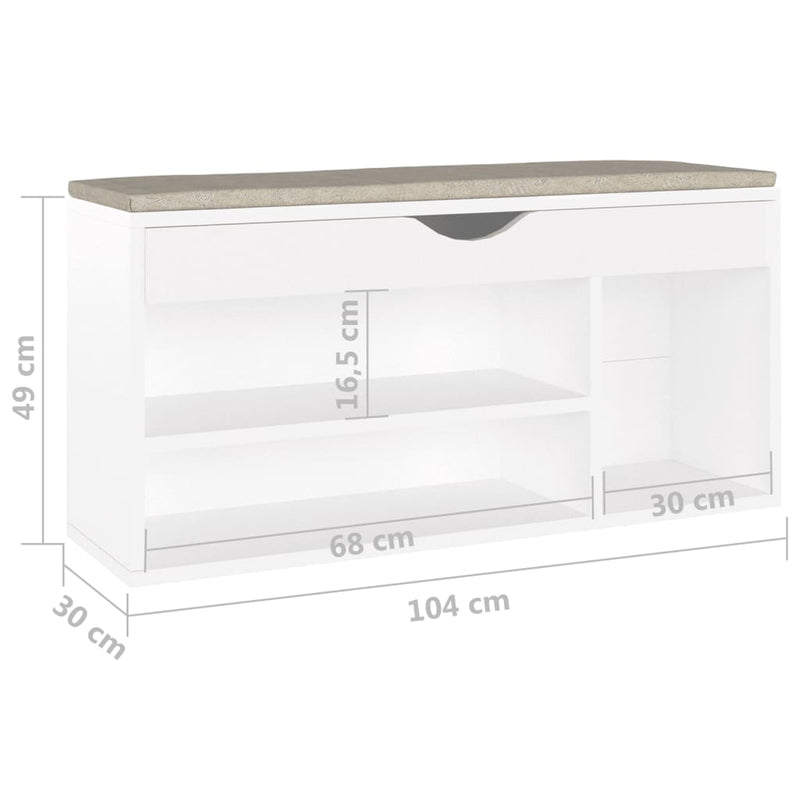 vidaXL fehér szerelt fa cipőtároló pad párnával 104 x 30 x 49 cm