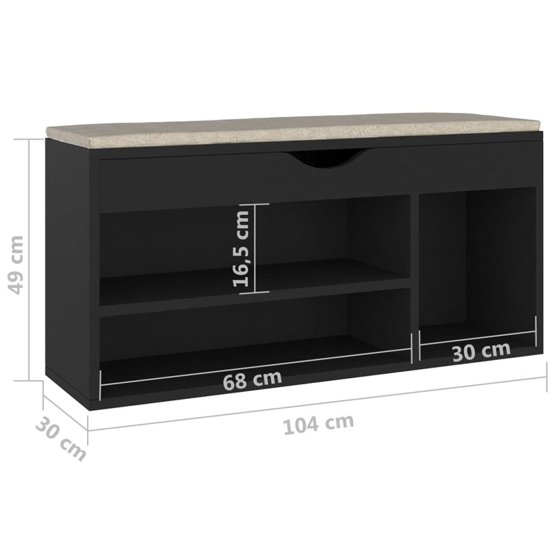 vidaXL fekete szerelt fa cipőtároló pad párnával 104 x 30 x 49 cm
