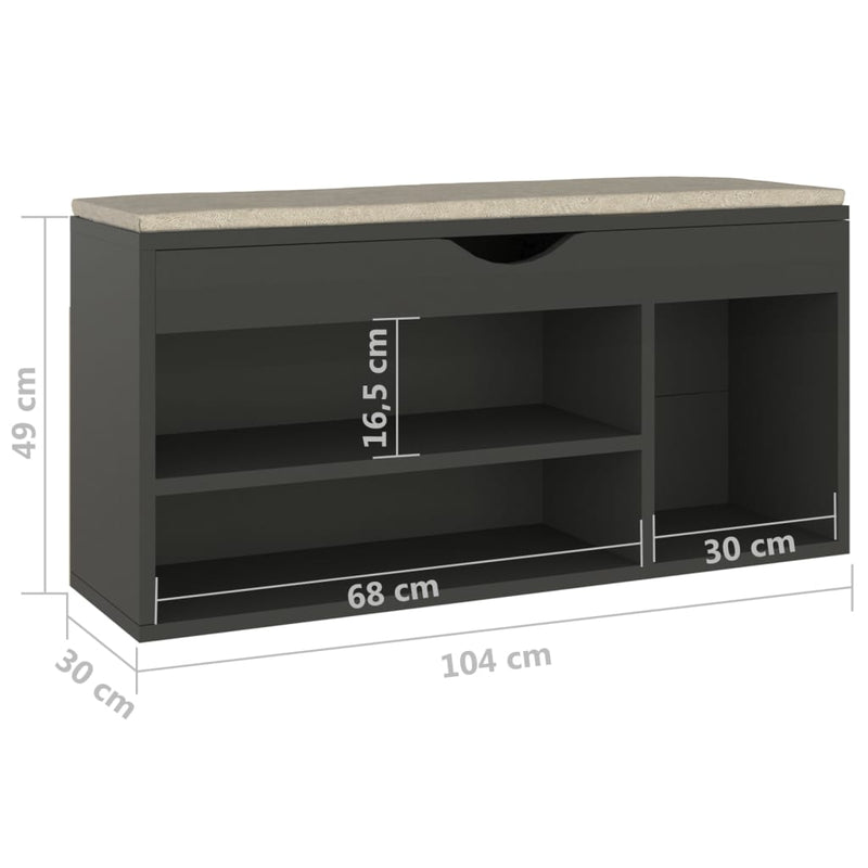 vidaXL szürke szerelt fa cipőtároló pad párnával 104 x 30 x 49 cm