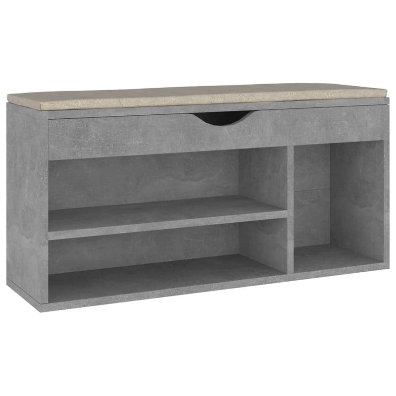 vidaXL betonszürke szerelt fa cipőtároló pad párnával 104 x 30 x 49 cm